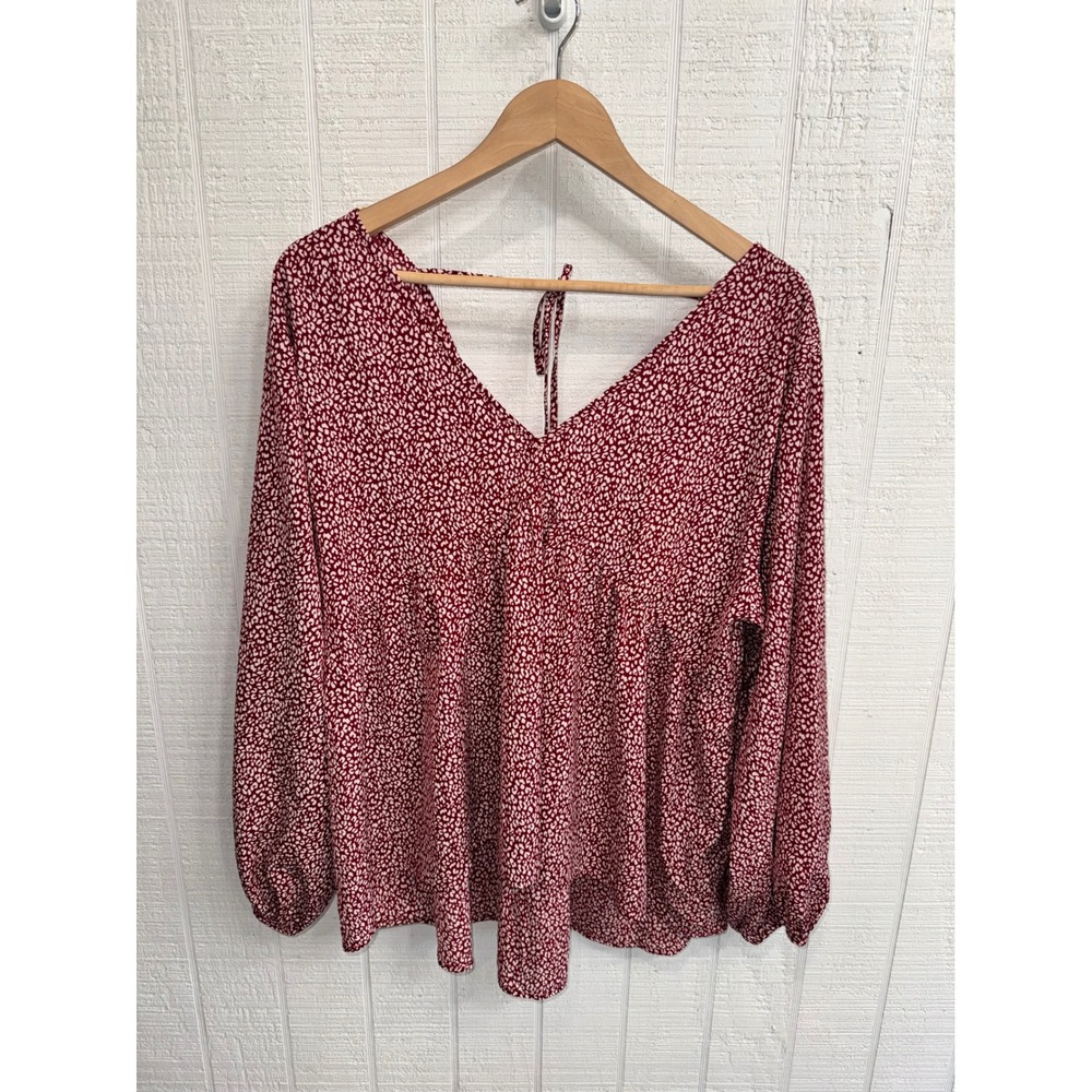 Umgee Babydoll Blouse Womens Red Animal Print Tie Back Long Sleeve XL